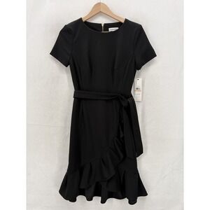 Calvin Klein Dress Womens 2 Black Belted Ruffle Hem Short Sleeve Sheath Zip NWT